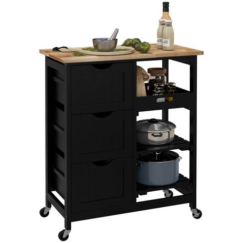 Winston Porter Nashley Rolling Kitchen Cart, Bar Serving Cart, Compact Trolley On Wheels With Wood Top, Shelves & Drawers For Home Dining Area & Reviews | Wayfair Wooden Countertops Kitchen, Rolling Carts, Cart Bar, Bar Serving Cart, Hosting Parties, Rolling Kitchen Cart, Slatted Shelves, Island Cart, Rolling Kitchen Island