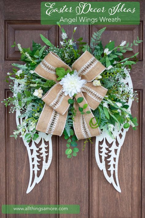 Wreath With Angel Wings, Angel Wing Wreaths, Memorial Wreath Ideas, Angel Wing Wreath Diy, Angel Wing Wreath, Memorial Wings, Angel Wings Wreath, Grave Arrangements, Memorial Decorations