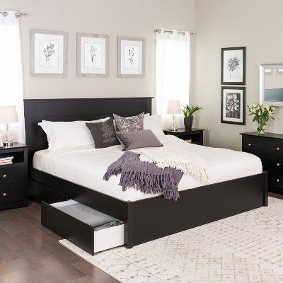 King Select 4 - Post Platform Bed with 4 Drawers Black - Prepac Black Bedroom Furniture, King Platform Bed, Dekorasi Kamar Tidur, Black Bedding, Master Bedrooms Decor, White Bedroom, Contemporary Bedroom, Bedroom Furniture Beds, Bed Decor