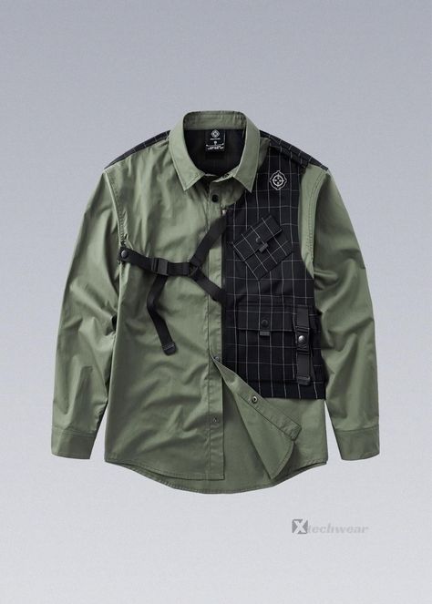 These Tactical Fake-two Shirts are printed with reflective material for added safety at night. Removable fake two-pieces elevate Techwear Fashion attributes. Techwear Shorts, Techwear Men, Techwear Shirt, Techwear Hoodie, Tactical Fashion, Techwear Jacket, Unique Clothing Style, Tactical Wear, Tactical Shirt