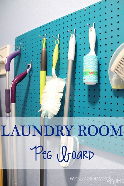 Laundry room peg board organization. Pegboard In Laundry Room, Peg Board Laundry, Peg Board Organization, Peg Board Ideas, Ideas For Laundry Room, Pegboard Kitchen, Board Organization, Basement Laundry Room, Basement Laundry