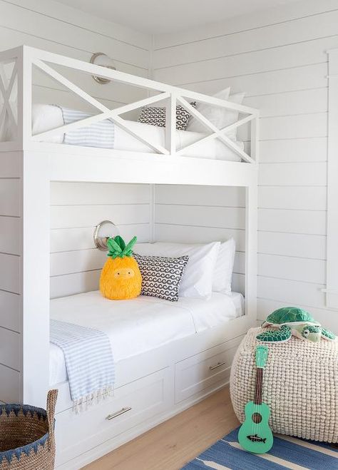 Built-in bunk bed in a shared boys room finished with shiplap trim and white bedding. Shared Boys Room, Shiplap Nursery, Shiplap Trim, Bunk Beds For Girls Room, Boys Shared Bedroom, White Bunk Beds, Bunk Beds Built In, Built In Bunks, Bunk Rooms