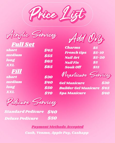 Nail tech price list *ask for template* Nail Salon Equipment Checklist, Gel Nail Price List, Acrylic Nail Price List Ideas, Nails Price List Design, Acrylic Nail Prices, Nail Tech Specials Ideas, Nail Tech Beginner Checklist, Acrylic Nail Price List, Nail Tech List