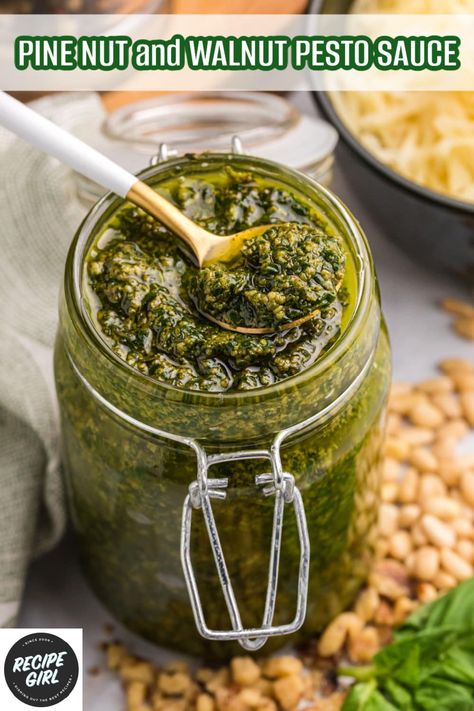 Ina Garten's Pine Nut and Walnut Pesto Sauce recipe from RecipeGirl.com Pesto Sauce Recipe, Vegetable Dips, Bhaji Recipe, Walnut Pesto, Pine Nut, How To Make Pesto, Food Substitutions, Barefoot Contessa, Green Sauce