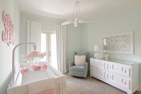 Girl's Nursery - Contemporary with Mint Green, White and Peach Colors - Contemporary - Nursery - Dallas - by Vicki Crew Interiors Mint Nursery Girl, Mint Green Rooms, Mint Bedroom, Nursery Paint Colors, Girls Room Paint, Contemporary Nursery, Mint Green Walls, Mint Nursery, Pastel Nursery