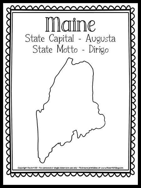 Maine State Outline Coloring Page {Free Printable!} - The Art Kit State Of Maine Coloring Pages, Maine Coloring Pages, State Project, Maine Flag, State Flowers, Geography Activities, Maine State, Social Studies Unit, Coloring Page Free Printable