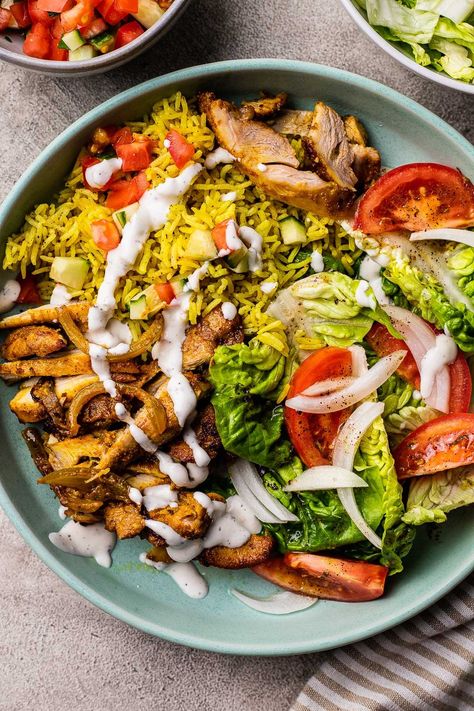 Chicken Shawarma Bowls | So Much Food Chicken With Yellow Rice, Chicken Shawarma Bowl, Shawarma Bowl, So Much Food, Salad Recipes Healthy Easy, Chicken Tender, Yellow Rice, Chicken Shawarma, Spicy Snacks