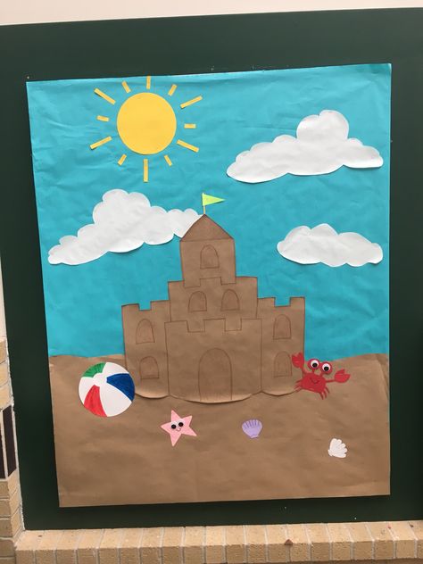 Beach Themed Bulletin Board Ideas, Beach Bulletin Board Ideas Preschool, Sandcastle Decoration, Beach Door Decorations Classroom, Beach Hallway Decorations School, Beach Bulletin Board Ideas, School Beach Theme Bulletin Boards, Sandcastle Bulletin Board, Diy Sand Castle Decoration