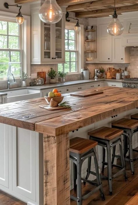 Charm Aesthetic, Rustic Kitchen Island, Aesthetic House, Rustic Kitchen Design, Cabin Kitchens, Farmhouse Kitchen Design, Kitchen Redo, Wooden House, Kitchen Islands