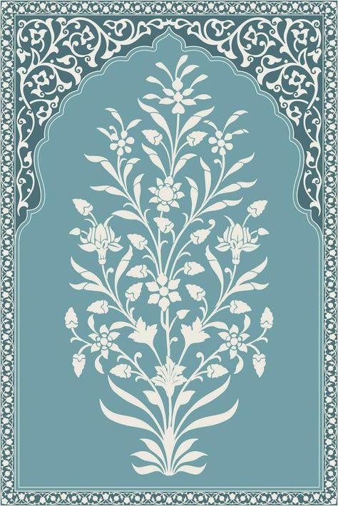 Traditional Indian Mughal flower motif. Mughal wall paintings, Mughal silhouette motif. Mughal Textile Motifs, Mughal Patterns Design, Mughal Motifs Design Patterns, Indian Motifs Traditional, Sajadah Design, Indian Illustration Art, Thikri Work, Mughal Art Motifs, Mughal Butta