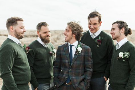 Groomsmen Sweaters, White Dress Shirts, Carol Hannah Bridal, Casual Groomsmen, Christmas Wedding Themes, Plaid Wedding, Bohemian Winter, Casual Grooms, Groom Wedding Attire