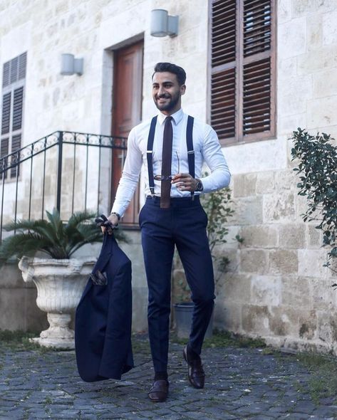 Suit Suspenders, Suit With Suspenders, Suspenders Men Fashion, Suspenders Outfit, Wedding Groomsmen Attire, Classy Coat, A Man In A Suit, Mens Wedding Attire, Groom Wedding Attire