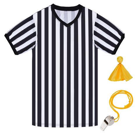 PRICES MAY VARY. Referee Shirt Costume: you will get 1 piece black and white stripe referee shirt, 1 piece stainless steel whistle with lanyard and 1 piece yellow penalty flag, a complete set for sports referees Reliable Material: this referee shirt for womens and mens are made of polyester no-shrink material, soft and comfortable to touch, quick-drying and lightweight, which will keeps you cool during whole day; The whistle is made of stainless steel with one yellow lanyard, portable and easy t Football Halloween, Referee Costume, Referee Shirts, Pullover Styling, Lanyard, Cosplay Costumes, White Stripe, 1 Piece, Top Styles