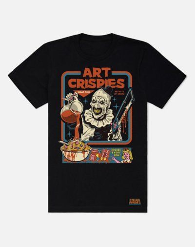 Add a terrifying new look to your casual outfit by adding this officially licensed Art the Clown Crispies Terrifier T Shirt to your casual wardrobe. This awesome graphic tee features the work of Steven Rhodes and is sure to have you looking and feeling cool in any setting. If you're a fan of The Terrifier then this tee is a must-have in your collection. Officially licensed Crewneck Short sleeves Material: Cotton Care: Machine wash; tumble dry low Imported This shirt is Unisex Sizing only For a f The Terrifier, Horror Shirts, Art The Clown, Steven Rhodes, Horror Movie Shirts, The Clown, Movie Shirts, Hipster Fashion, Movie T Shirts