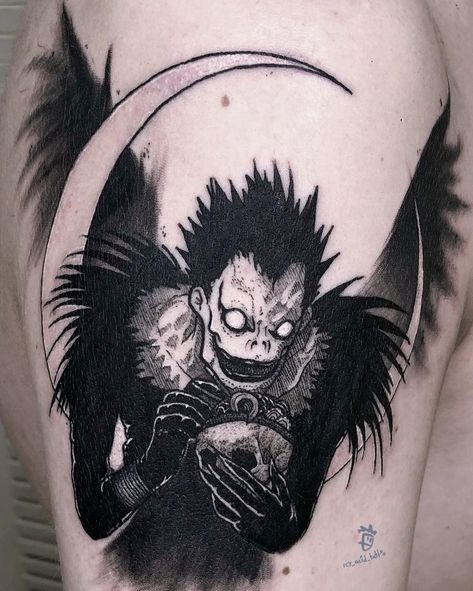 Gothic Anime Tattoo, Deathnote Tattoo Ideas, Ryuk Tattoo Design, Macabre Tattoos, Shinigami Tattoo, Ryuk Tattoo, Jordan Tattoo, Monster Tattoo, Timeless Tattoo