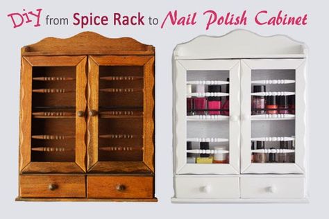 Trash to Treasure - Turning A Vintage Spice Rack Into A Nail Polish Cabinet | A super simple diy paint project! Get all of your nail polish bottles organized and in one place using an inexpensive cabinet from the thrift store and some spray paint. Visit the blog to see how the finished cabinet looks in the bathroom.   #idea #diy #nailpolish #thrifty #makeovers #design #decor #organization #home #bathroom #handy Free Pantry Labels, Vintage Chic Decor, Vintage Spice Rack, Diy Spice Rack, Primer Spray, Diy Paint Projects, Nail Polish Rack, Spice Cabinet, Japanese Interior Design