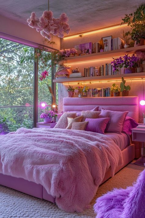 Big Fluffy Beds Cozy, Girly Bedroom Lights, Fuzzy Bedroom Ideas, Pink Bedroom Furniture Ideas, Dreamcore Room Aesthetic, Funky Room Ideas Bedrooms, Pink And Purple Bedroom Ideas For Women, Pink And Purple Bedroom Ideas, Big Cozy Bedroom