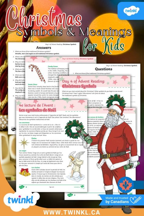 Twinkl’s Christmas symbols and meanings for kids resources in French and English on a colourful background with original Twinkl illustrations.