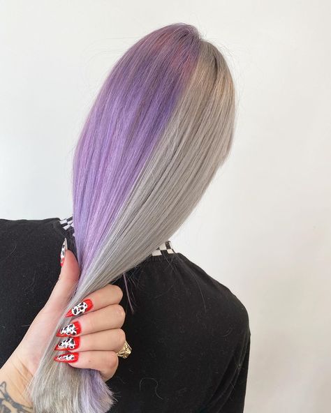 Split Dye Purple And Blonde, Half Blonde Half Purple Hair Split, Blonde Purple Split Dye, Half Grey Half Purple Hair, Half And Half Blonde Hair, Half White Half Purple Hair, Lavender Split Dye, Half Blonde Half Purple Hair, Purple Split Dyed Hair