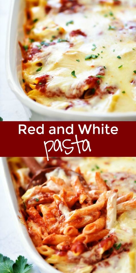 Recipes With Spaghetti Sauce Dinners, Dinner With Red Sauce, Red Sauce And White Sauce Pasta, Pasta With Spaghetti Sauce And Alfredo, Two Sauce Pasta Bake, Spaghetti Sauce Dinner Ideas, Alfredo Spaghetti Pasta, Spaghetti Sauce With Alfredo, Pasta With Alfredo And Spaghetti Sauce