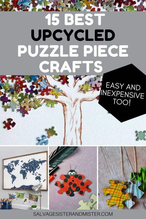 15 Super Creative DIY Upcycled Puzzle Piece Projects Puzzle Piece Ideas Projects, Diy Puzzle Piece Crafts Ideas, How To Use Old Puzzle Pieces, Jigsaw Art Projects, Diy Puzzle Gift Ideas, Puzzle Piece Projects, Jigsaw Puzzle Jewelry, Craft With Puzzle Pieces, Repurpose Puzzle Pieces