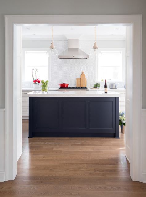 Dark Galley Kitchen, Studio Dearborn, Benjamin Moore Hale Navy, Small American Kitchens, Kitchen Niche, Inset Cabinetry, Navy Kitchen, Simple Bathroom Decor, Hale Navy