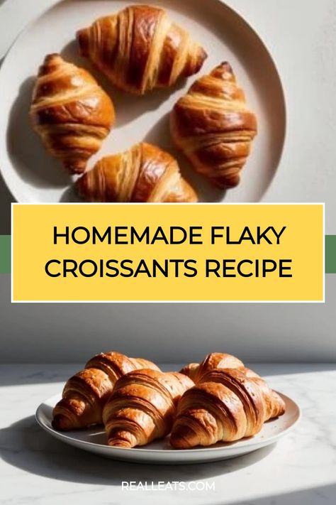 Homemade flaky croissants on a plate, styled for a recipe. Croissant Recipe Chocolate, How To Make Croissant, Traditional French Breakfast, Making Croissants, Flaky Croissants, Croissants Recipe, French Croissant, Homemade Croissants, Croissant Recipe