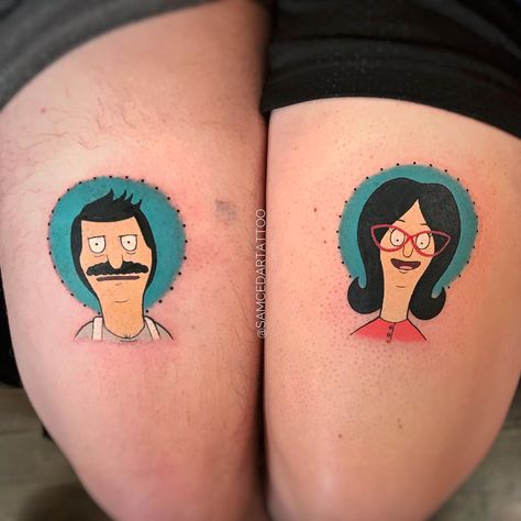 CryBaby Tattoo on Instagram: “Nothing like saying i do with a couple’a bobs burgers tattoos! Thanks so much to this newlywed couple for being our favorites over here at…” Bob And Linda Tattoo, Small Bobs Burgers Tattoo, Trout Tattoo, Zombie Tattoos, Couples Tattoo, Couple Tattoos Unique, Tattoos Unique, Couples Tattoo Designs, About Tattoo