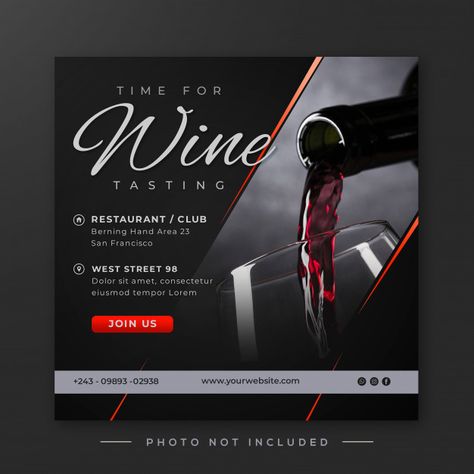 Wine tasting social media post | Premium Psd #Freepik #psd #wine #template #design #glass #background #illustration #vector #winery #alcohol #red #texture #art #event #drink #splash #abstract #party #flyer #stain #invite #restaurantt #beverage #bar #idea #color #business #invitation #taste #poster #liquid #element #leaflet  #creative #hotel #banner #vineyard  #cover #promotional #menu #icon #tasting #wineglass #decoration #vine #bottle #redwine #black #elegant #wine rops #dinner Wine Tasting Poster Design, Wine Post Instagram, Wine Social Media Post, Wine Tasting Event Invitation, Wine Event Invitation, Wine Social Media, Wine Flyer, Wine Promotion, Event Ads