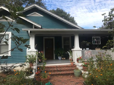 Teal House Exterior Black Trim, Teal House Exterior, Teal House, Teal Door, Black Shutters, Beach House Exterior, Brick Exterior, Brick Exterior House, Wood Siding