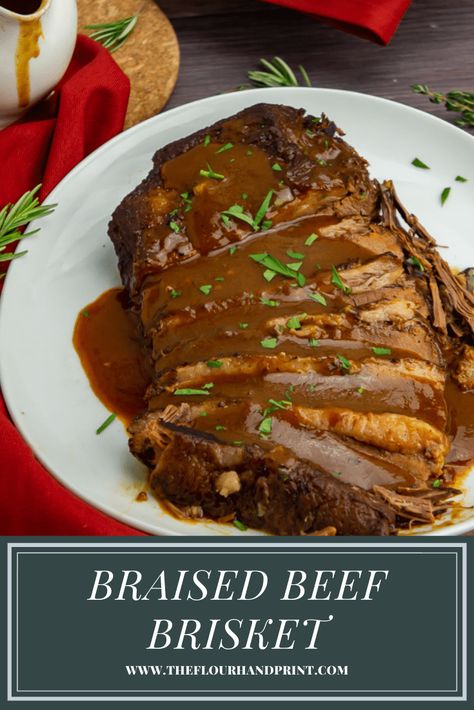 Make oven braised red wine brisket and impress your family and guests with a delicious, tender beef dinner made all in one pot. #theflourhandprint #braisedbeef #beeffordinner #redwinebraisedbeef #braisedbeefbrisket #redwinebraise Red Wine Brisket, Best Brisket Recipe, Brisket Oven, Easy Roasted Potatoes, Tender Brisket, Braised Brisket, Dinner Favorites, Brisket Recipe, Beef Brisket Recipes