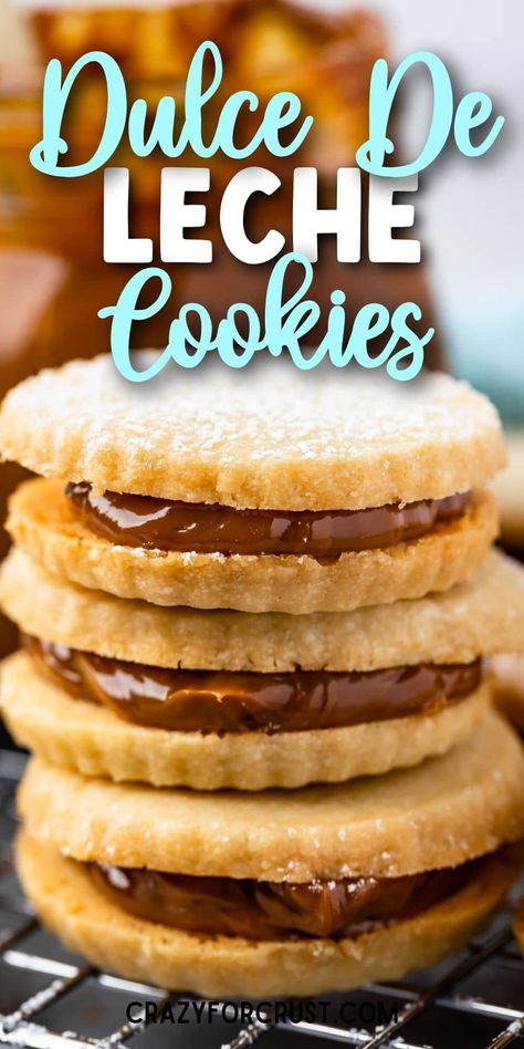 Dulce de Leche Cookies - Crazy for Crust Shortbread Cookie Sandwiches, Spanish Desserts Easy Sweet Treats, Recipes Using Dulce De Leche, Easy Mexican Cookies, Shortbread Sandwich Cookies, Spanish Cookies Recipes, Mexican Cookie Recipes, Latin Cookies, Argentinean Food