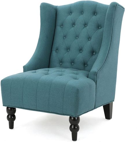 The Perfect Reading Chair - Position your wingback armchair in a spacious bedroom or by the fireplace in the lounge or den. You can repose in comfort on those peaceful evenings when your only company is the cat and a good novel. And when you do have guests, be sure to claim it as Your Chair because they'll flock to its inviting embrace Teal Armchair, High Back Accent Chairs, Blue Accent Chairs, Tufted Arm Chair, Fabric Accent Chair, Single Sofa Chair, Green Chair, Single Sofa, Club Chair