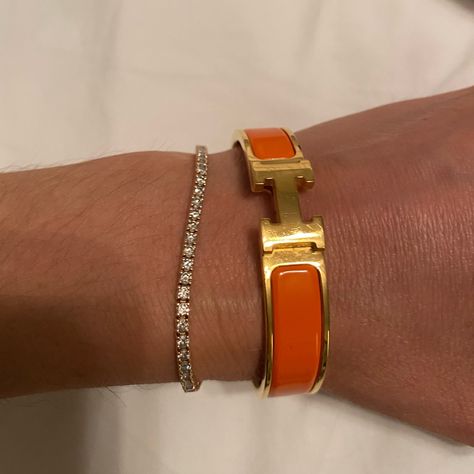 Hermes H Clic Bracelet. Authentic. Comes With Its Box. Worn Once Or Twice. Like Brand New Condition. Hermes Bracelet Outfit, Hermes Bracelet Stack, Designer Wishlist, Bracelet Hermes, Jewellery Wishlist, Bracelets Outfit, Boots Shoe, Hermes Bracelet, Hermes Orange