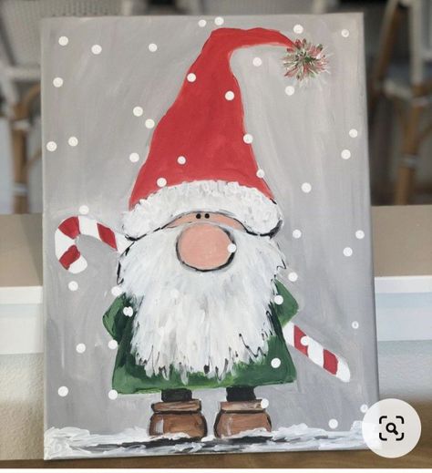 Gnome Winter Painting, Gnome Acrylic Painting, Christmas Paintings Ideas, Winter Gnome Painting, Christmas Gnomes Painting, Christmas Gnome Painting, Painting Gnomes, Cabin Painting, Gnome Painting