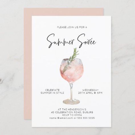 Elegant Summer Soiree Drinks Cocktail Party Pink for $2.80 - Christmas Cards Summer Soiree Party Ideas, Lunch Themes, Soiree Invitation, Wine Bridal Shower Invitations, 21st Invitations, Wildflower Theme, Bridal Shower Wine, Cocktail Party Invitation, Pink Invitation