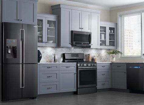 GE slate appliances- my appliances with grey cabinets Black Stainless Steel Appliances Kitchen, Portugal Kitchen, Farmhouse Chic Kitchen, Black Stainless Steel Appliances, Black Stainless Appliances, Black Stainless Steel Kitchen, Slate Appliances, Chic Kitchen Decor, Stainless Steel Kitchen Appliances