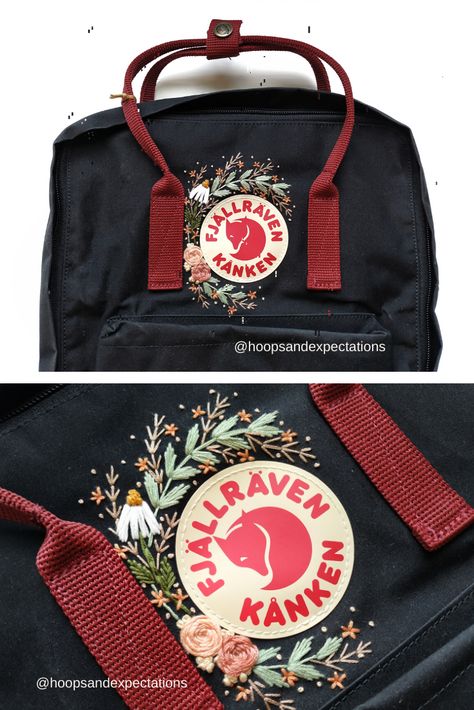 Fjallraven Embroidery Diy, Kanken Embroidery Black, Embroidered Fjallraven Kanken, Fjallraven Embroidery, Kanken Backpack Embroidery, Embroidered Kanken, Kanken Embroidery, Mochila Fjallraven Kanken, Black School Bags