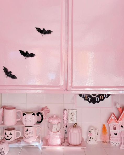 Pink halloween coffee Bar Tour Pink Halloween Coffee Bar, Pastel Goth Kitchen, Pink Coffee Bar, Aesthetic 2025, Halloween Coffee Bar, Goth Barbie, Tea Branding, Goth House, Goth Kitchen