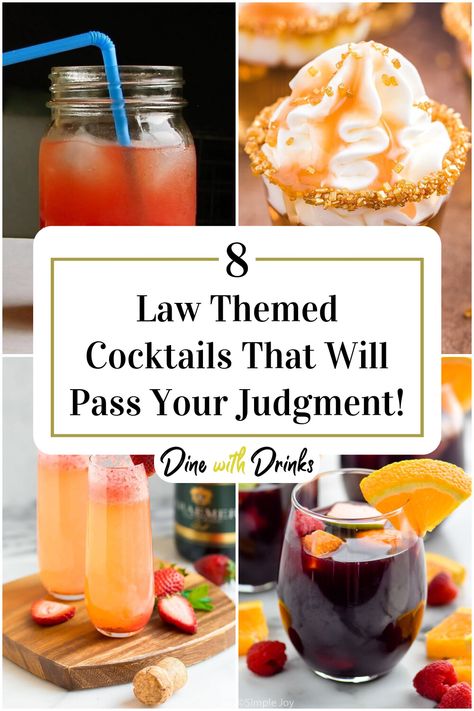 Collage of 4 law themed cocktails. Law School Theme Party, Career Themed Cocktails, Law Themed Party, Call To The Bar Lawyer Party, Law Graduation Party Ideas, Law School Graduation Party Ideas, Law School Party, Law Inspiration, Graduation Party Drinks