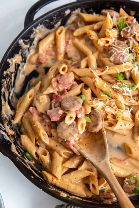 Smoked sausage in a light tomato cream sauce with perfectly cooked penne pasta. This flavorful Skillet Sausage Pasta is an easy one-pot meal that is ready from start to finish in 30 minutes. #onepot #pasta #sausage #30minutemeals #easydinner Smoked Turkey Sausage Pasta, Sausage Penne Pasta Recipes, Smoked Sausage Pasta Recipes, One Pot Sausage Pasta, Kielbasa Pasta Recipes, Turkey Sausage Pasta, Turkey Kielbasa Recipes, Smoked Sausage Recipes Pasta, Sausage Penne Pasta