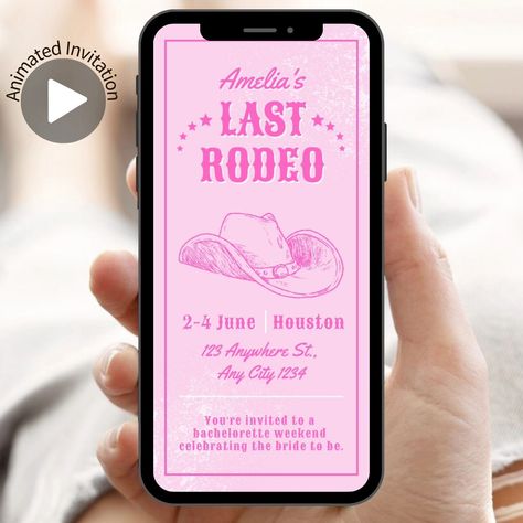 It's her last rodeo! 🩷✨️🐎 Country themed bachelorette invitations are so hot right now! Let's celebrate the bride to be in style for her hens party weekend. This editable set includes an invitation and a matching itinerary template for weekend bacheloeette parties too! Digital animated versions for mobile also included.✔️ This ain't Texas... or is it?... 🤠 #herlastrodeo #lastrodeo #rodeobachelorette #bacheloretteweekend #henspartyideas #cowgirl #westerntheme #westernthemeparty #rodeothe... Last Rodeo, Themed Bachelorette, Western Theme Party, Animated Invitations, Hens Party, Bachelorette Invitations, Stationary Gifts, Itinerary Template, Western Theme