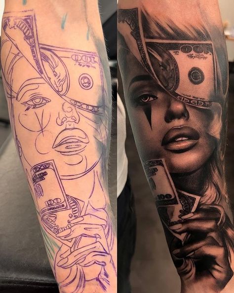 Tattoo Chicano Style, Chicanas Tattoo, Half Sleeve Tattoos Forearm, Face Tattoos For Women, Chicano Tattoos Sleeve, Girl Face Tattoo, Realistic Tattoo Sleeve, Gangsta Tattoos, Money Tattoo