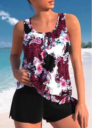 ROTITA Bowknot Black Floral Print Mid Waisted Tankini Set | Rotita.com - USD $35.98 Plus Size Tankini, Black Tankini, Trendy Swimsuits, Printed Tankini, Swimwear Bottoms, Tankini Set, Swimwear Outfit, Short En Jean, One Piece Dress