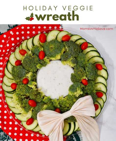 Broccoli Wreath Christmas, Wreath Veggie Tray, Christmas Tree Veggie Platter, Christmas Tree Shaped Veggie Tray, Healthy Holiday Appetizers, Crudite Platter, Vegetable Platter, Easy To Make Appetizers, Veggie Dip