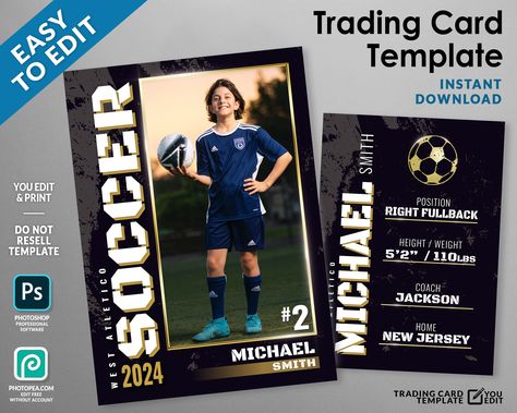 Soccer Cards Template, Soccer Trading Card Template PSD, Grunge and Gold Design, Custom Soccer Gifts, Soccer Team Gifts, Soccer Mom High-resolution and high-quality sports trading card template that can be fully customized with wording, photos, fonts, and colors. Fonts download links available. After purchase, you can keep and reuse your template indefinitely. It can be used for any sport: baseball, basketball, football, soccer, swimming, surfing, rugby, lacrosse, ice hockey, volleyball, golf, a Soccer Team Gifts, Hs Football, Trading Card Template, Soccer Cards, Player Card, Soccer Gifts, Silver Design, Soccer Player, Soccer Mom