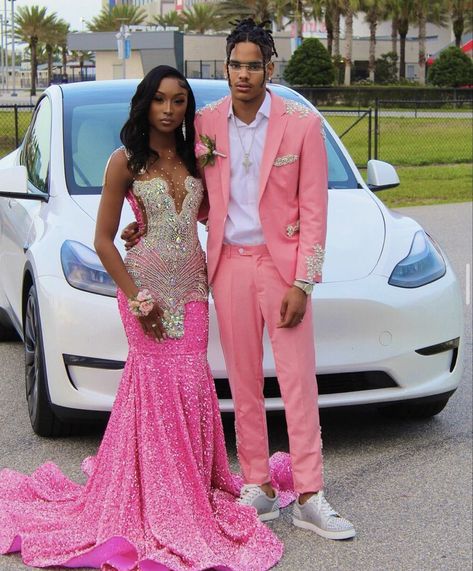 Black Couple Prom, Pink Prom Couple, Couple Prom Outfits, Prom Suit And Dress, Light Pink Prom, Peach Prom Dresses, Couple Prom, Light Pink Prom Dress, Suit And Dress