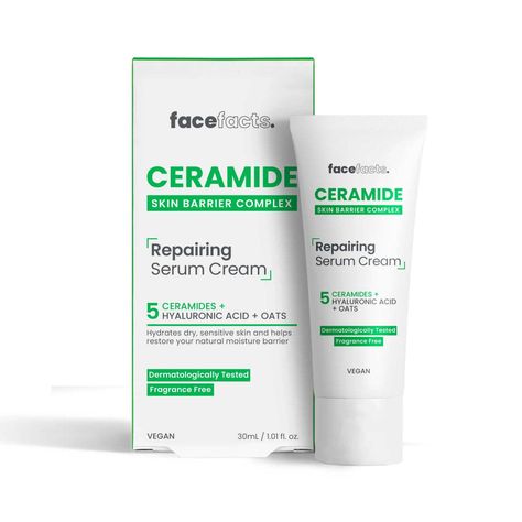 Face Facts Ceramide Repairing Serum Cream 30ml Be kind to your skin with our very light and fast-absorbing face serum, ideal for dry and sensitive skin. Formulated with our skin barrier complex of 5 Ceramides, moisture-locking Hyaluronic Acid, soothing, Oats, Glycerin and Vitamin E, our serum is designed to support, protect and replenish the skin barrier. Apply daily for optimal hydration, balance and skin health. Give your skin the extra care it deserves! Vegan Friendly & Fragrance Free. Dermat Thai Modern, Skin Care Packaging, Serum Cream, Cream Serum, Dry Sensitive Skin, Hyaluronic Acid Serum, Skin Barrier, Gel Cream, Fragrance Free