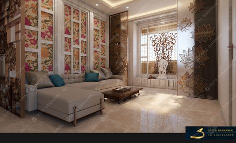 Lotus Inspired Living Space - https://interiordesign.io/lotus-inspired-living-space/ Puja Room Design, Living Space Interior, Puja Room, Space Interiors, Residential Interior Design, Commercial Interior Design, Inspired Living, Trendy Decor, Sitting Area