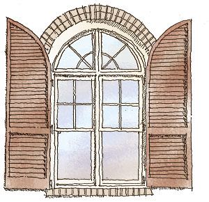 Getting Shutters Right - Fine Homebuilding Arched Shutters Exterior, Arch Window Exterior, Outside Shutters, Garrison Colonial, Country Shutters, Shutters Diy, Cottage Shutters, Wood Shutters Exterior, Shutter Hinges